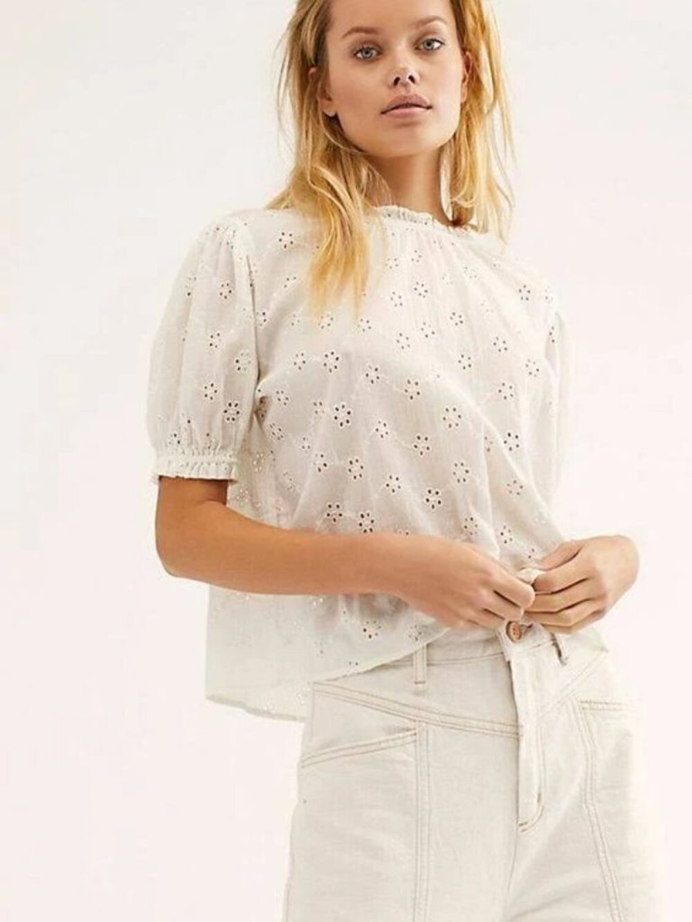 Free People Blouse Letters To Juliet Cotton Eyelet Open Tie Back XS